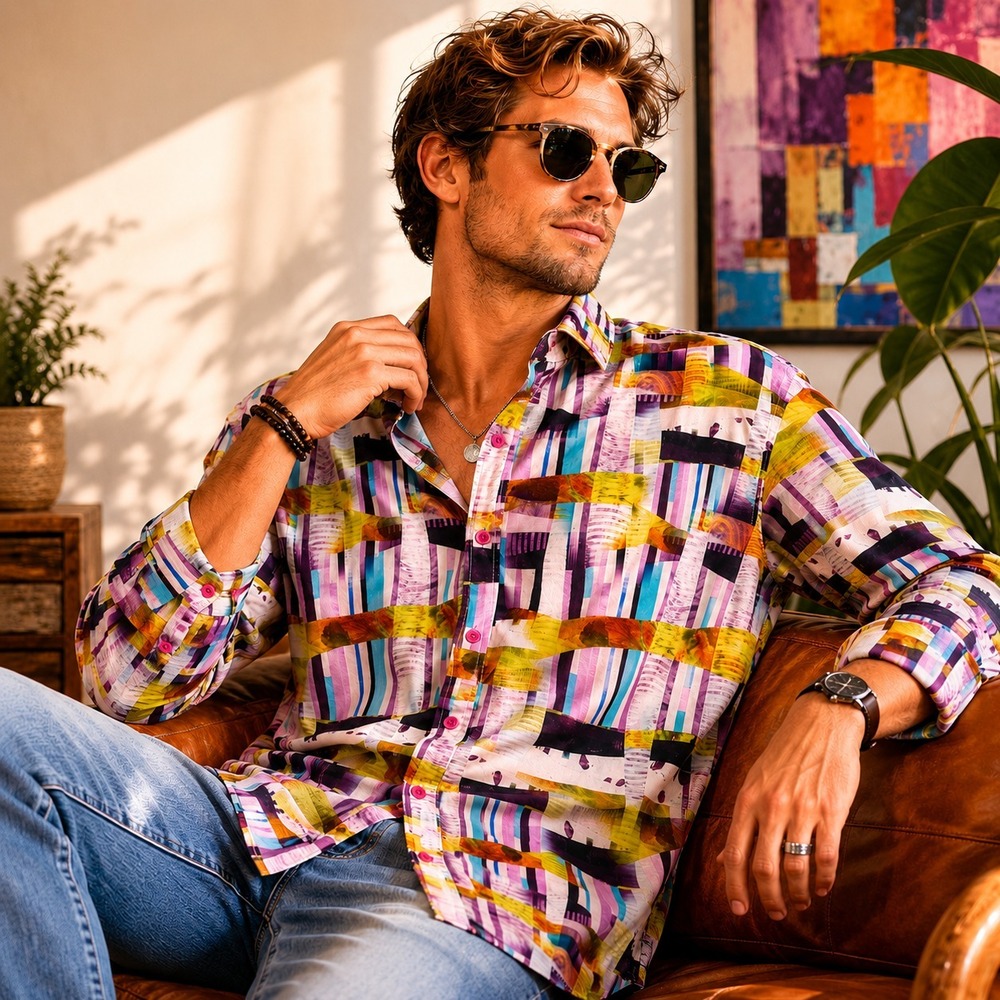 Cigar Mens Colorful Geometric Art Print Shirt Sz L Viscose Button Down Statement